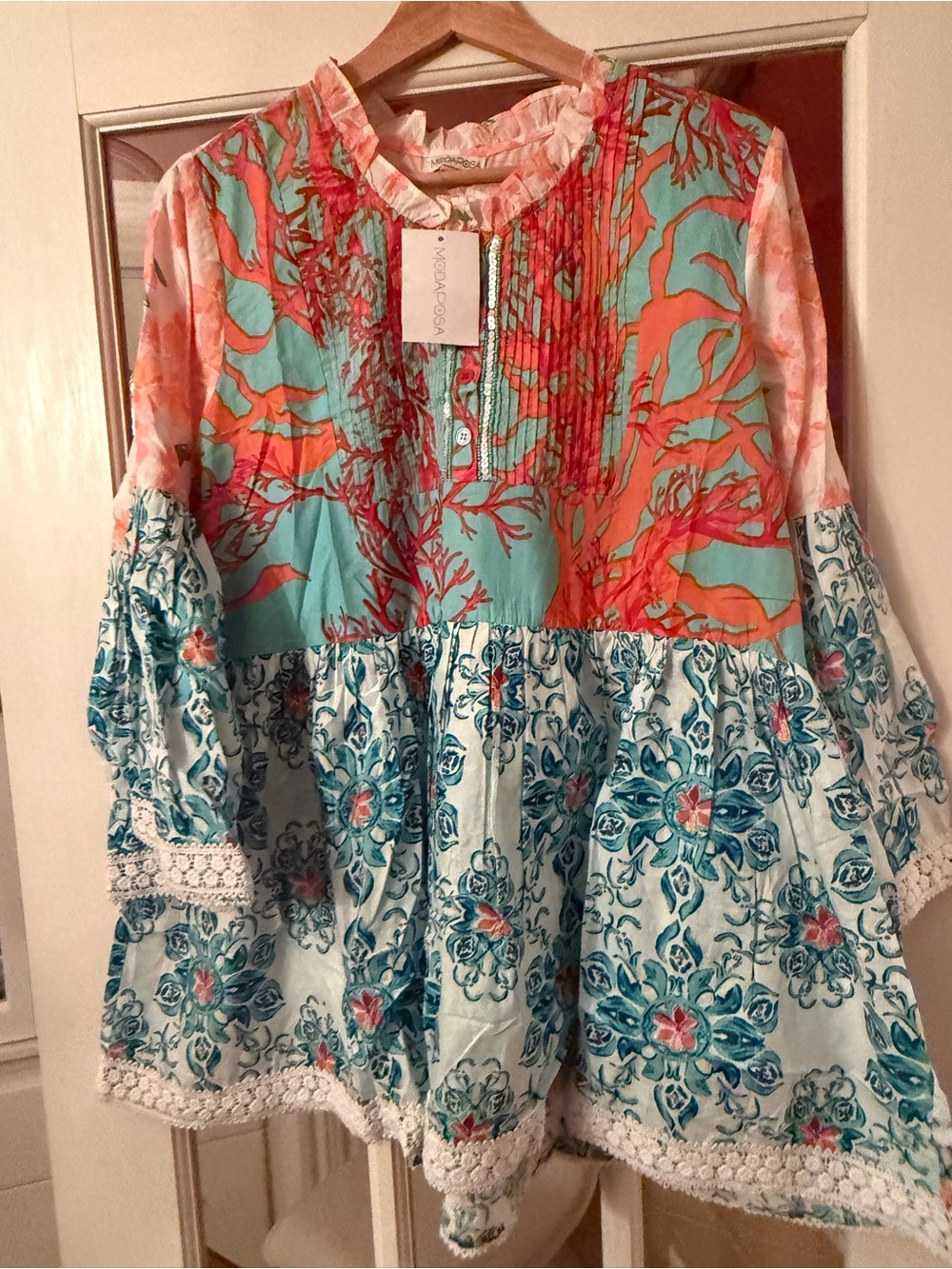 Women Floral & Coral Print Tiered blouse - Aqua and Peach